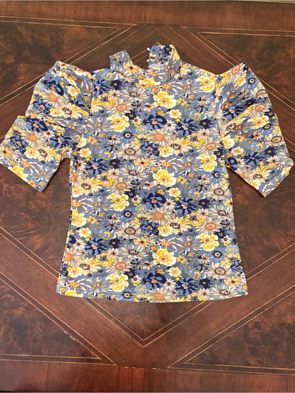 SHEIN Blue & Yellow Floral Puff-Sleeve Blouse XL